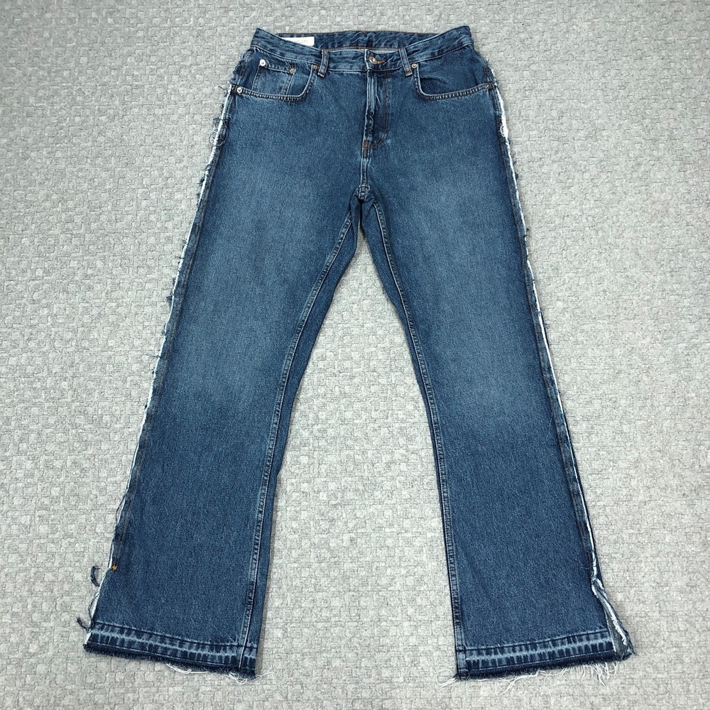 Zara Jeans Mens 31x31 Blue Medium Wash Straight Leg Denim Raw Hem Distressed